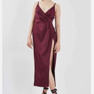 Topshop Burgundy Satin Faux Wrap Thigh Slit Midi Dress 2 Wedding Formal